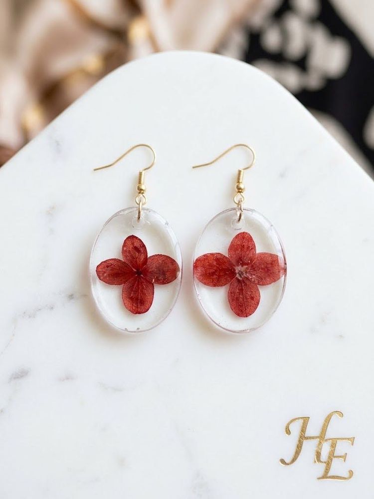 Dried Red Flower Oval Resin Earrings