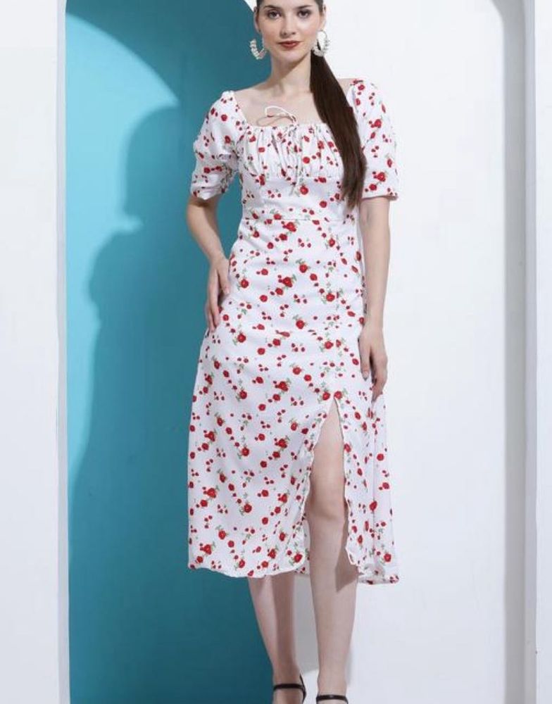 Chic White Cherry Print Midi Dress