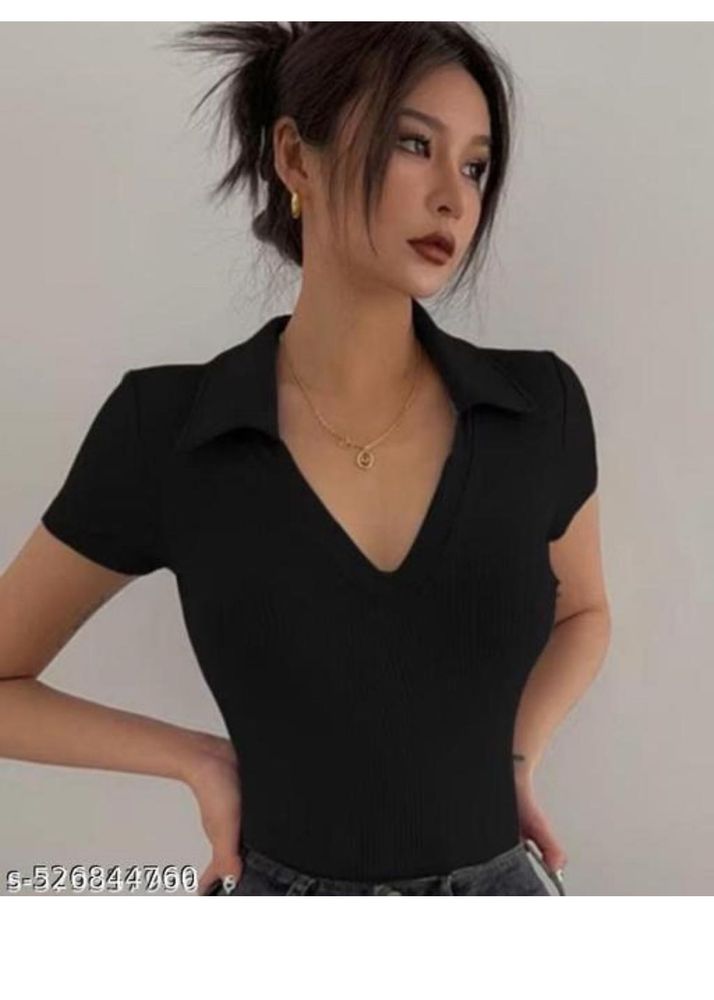Stylish Black V-Neck Ribbed Top