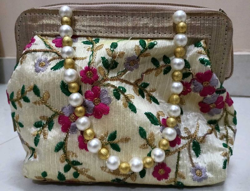 Embroidered Clutch with Pearl Handle