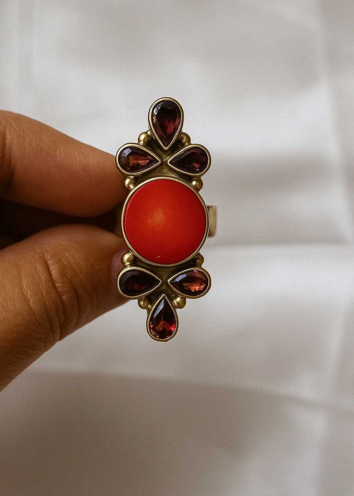 Coral And Garnet  Gemstone Statement Ring