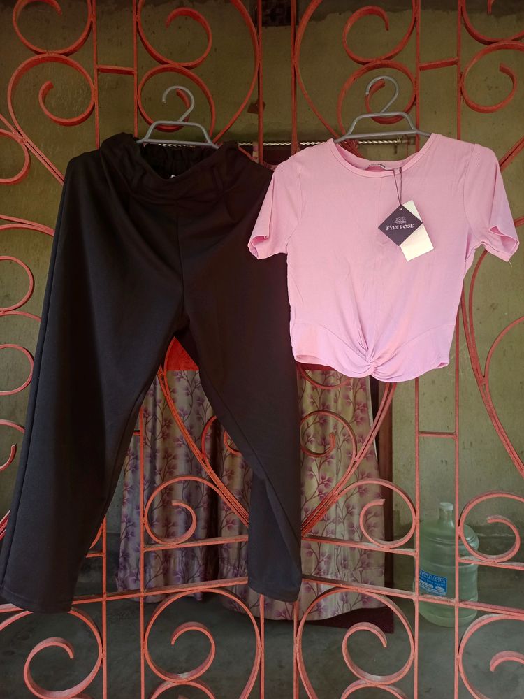 Black Pant With Belt And Pink Ribbed Crop Top