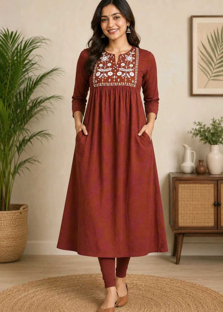 Beautiful Rust Kurta with White Embroidery