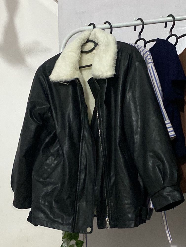 Faux Leather Jacket with Sherpa Collar