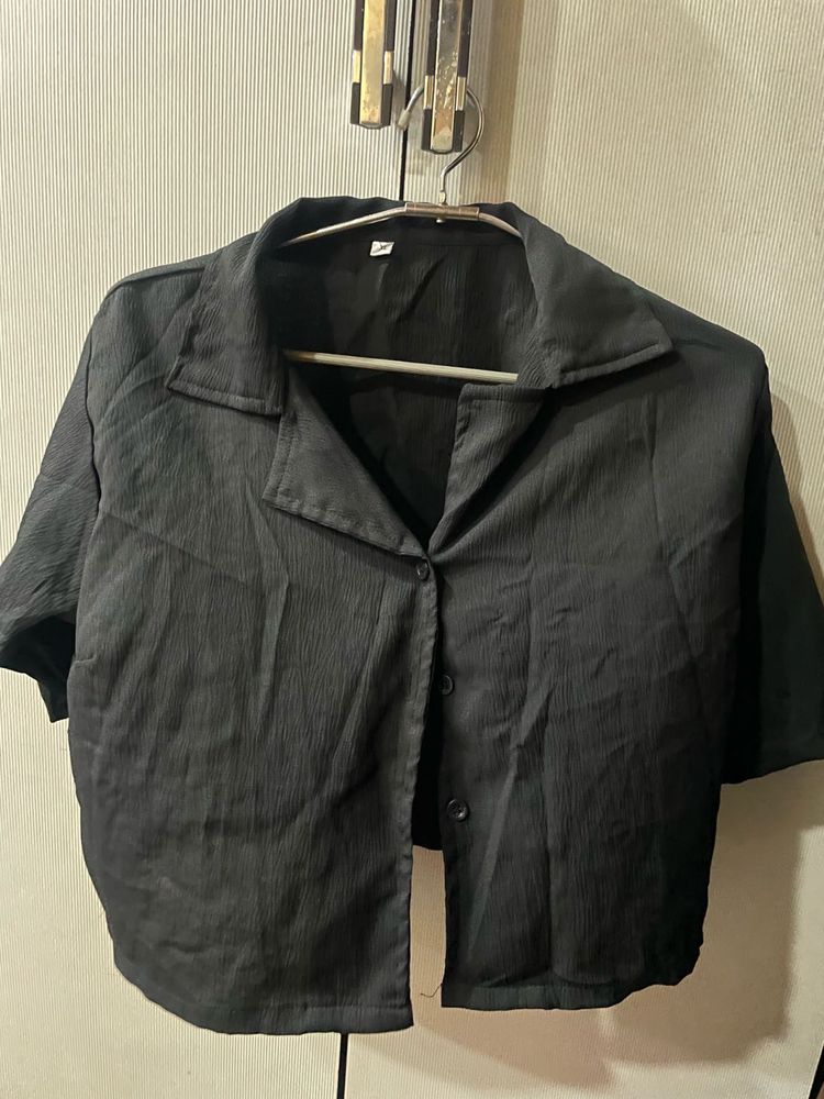 Stylish Black Cropped Button-Up Shirt