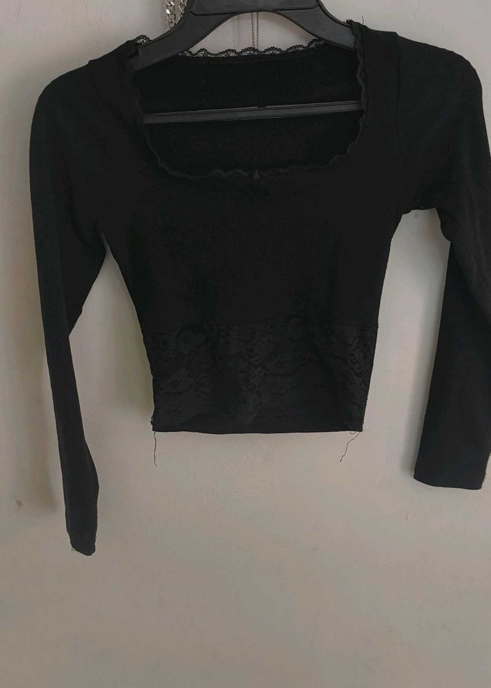 Black Lace Trim Long Sleeve Top