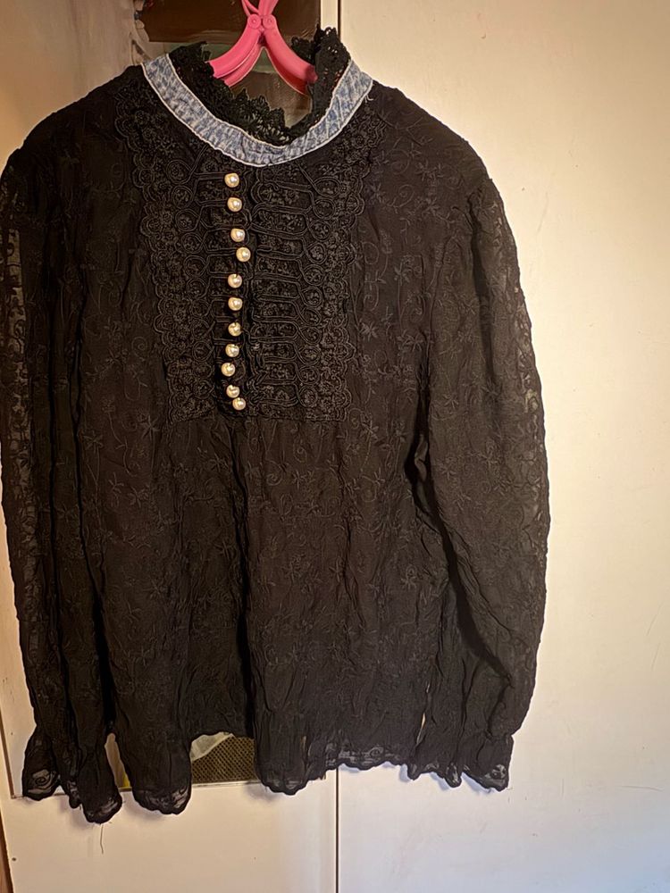 Elegant Black Lace Blouse with Pearl Details
