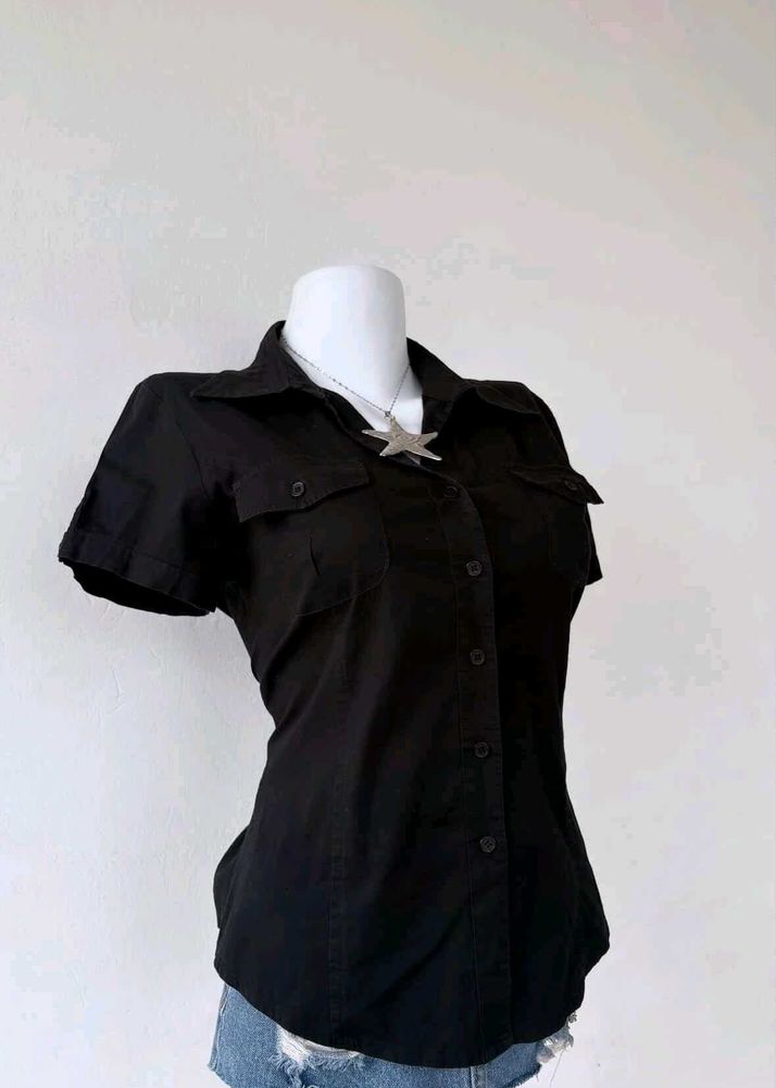 Y2K Black Fitted Button-Up Top