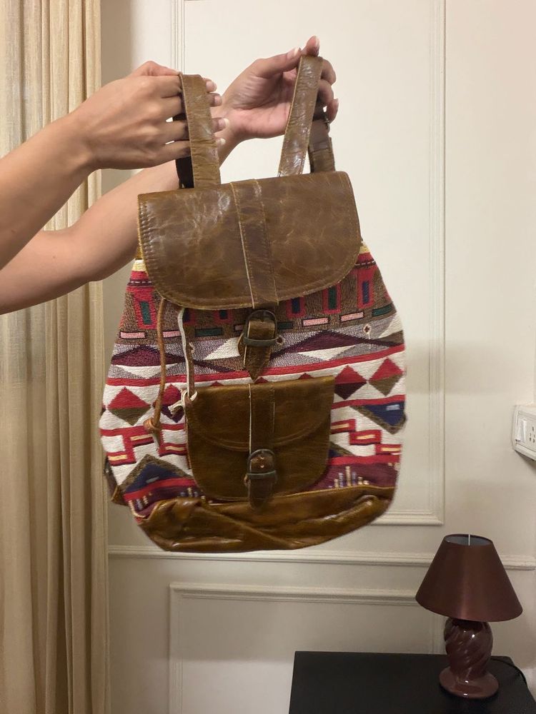 Boho Aztec Print Leather Backpack
