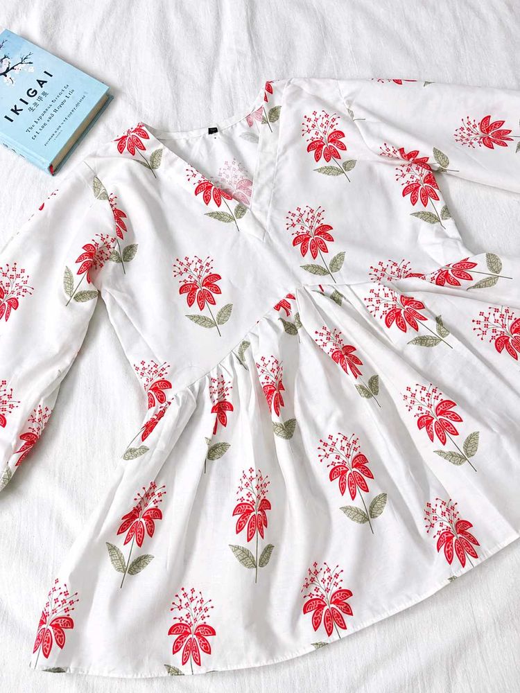 ( Anouk ) white short kurta with red floral print