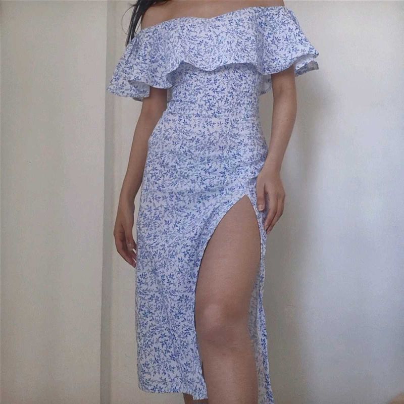 Floral Off-Shoulder Slit Midi Dress