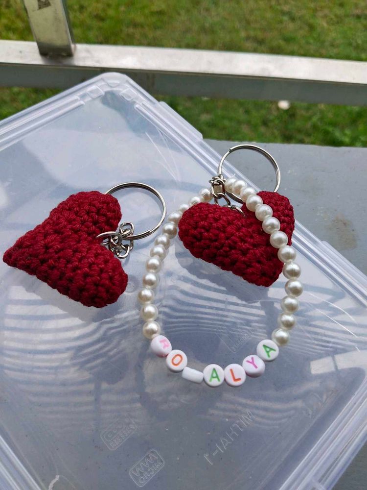 Personalized Crochet Heart Keychain with Pearl Wri