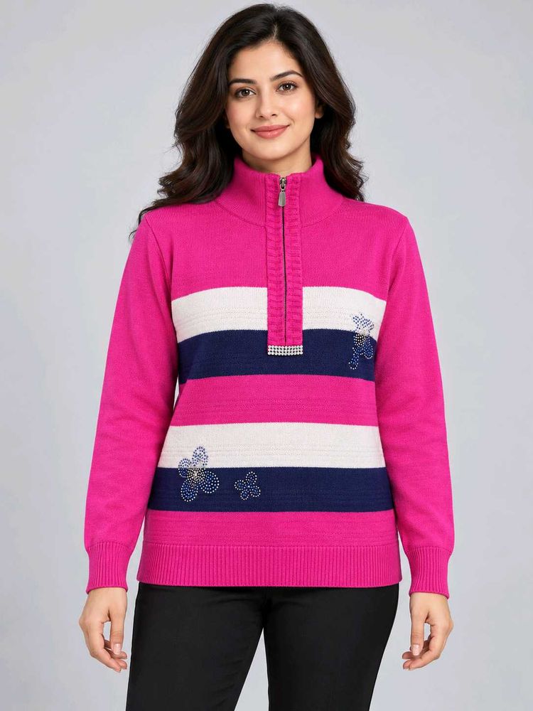 Chic Pink Striped Zip-Neck Sweater