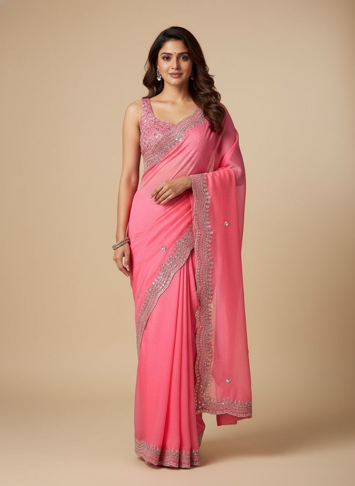 Elegant Pink Saree with Embellished Border