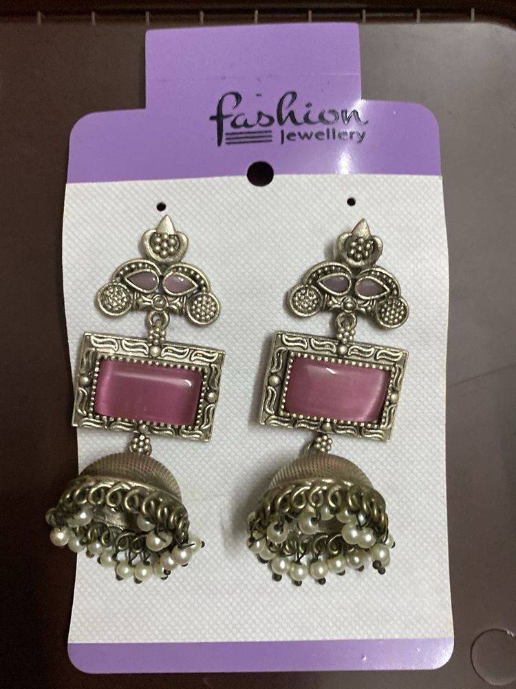 Elegant Pink Stone Jhumka Earrings