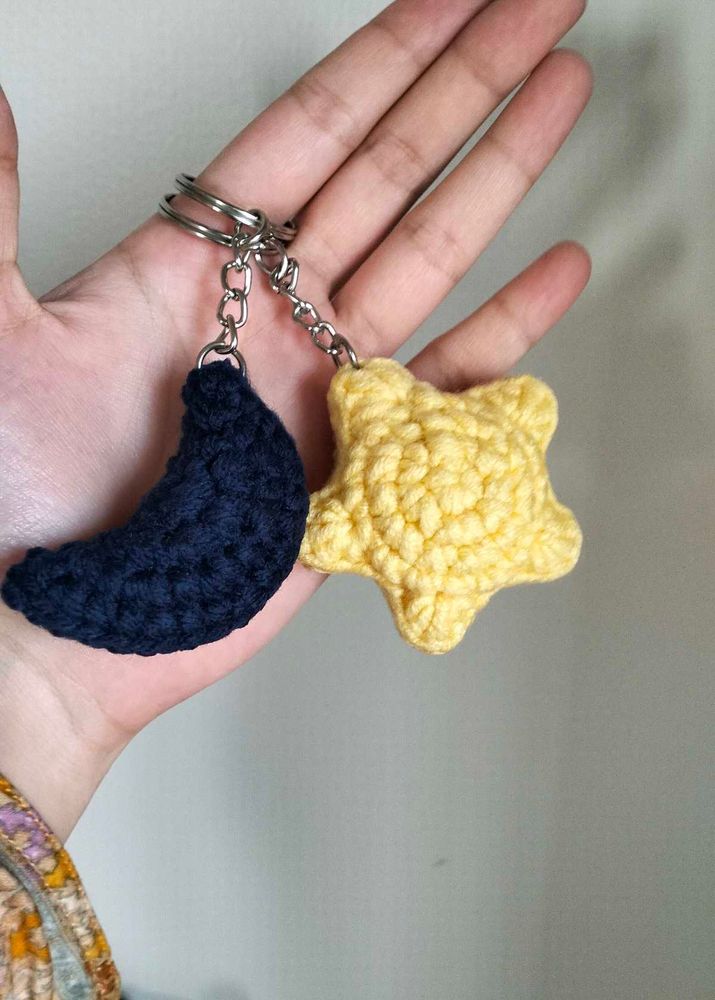 Crocheted Moon &amp; Star Keychain