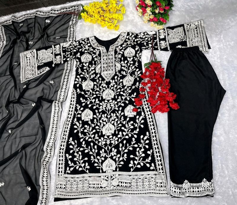 Black Heavy Georgette Top with Work Plazzo Suit
