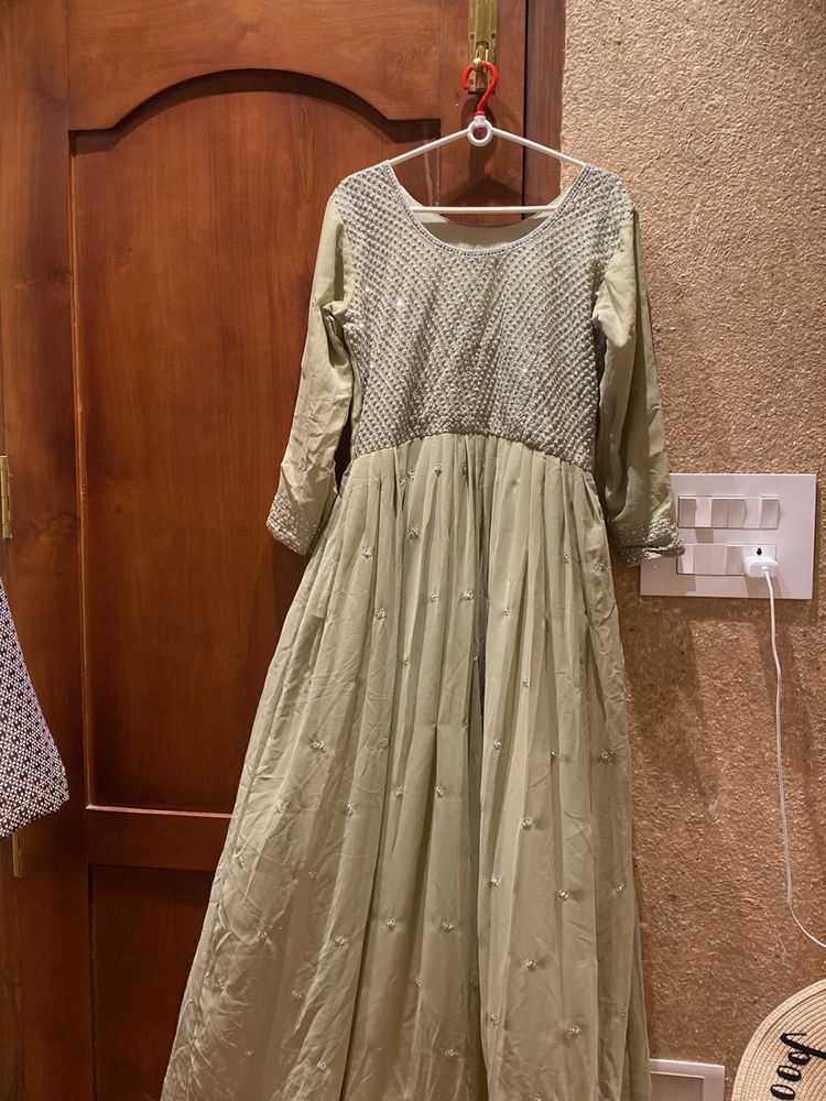 Elegant Sage Green Embellished Long Dress