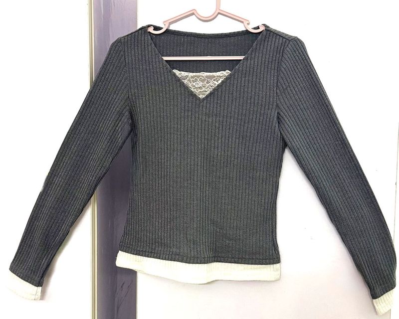 Chic Dark Gray Ribbed Long Sleeve Top