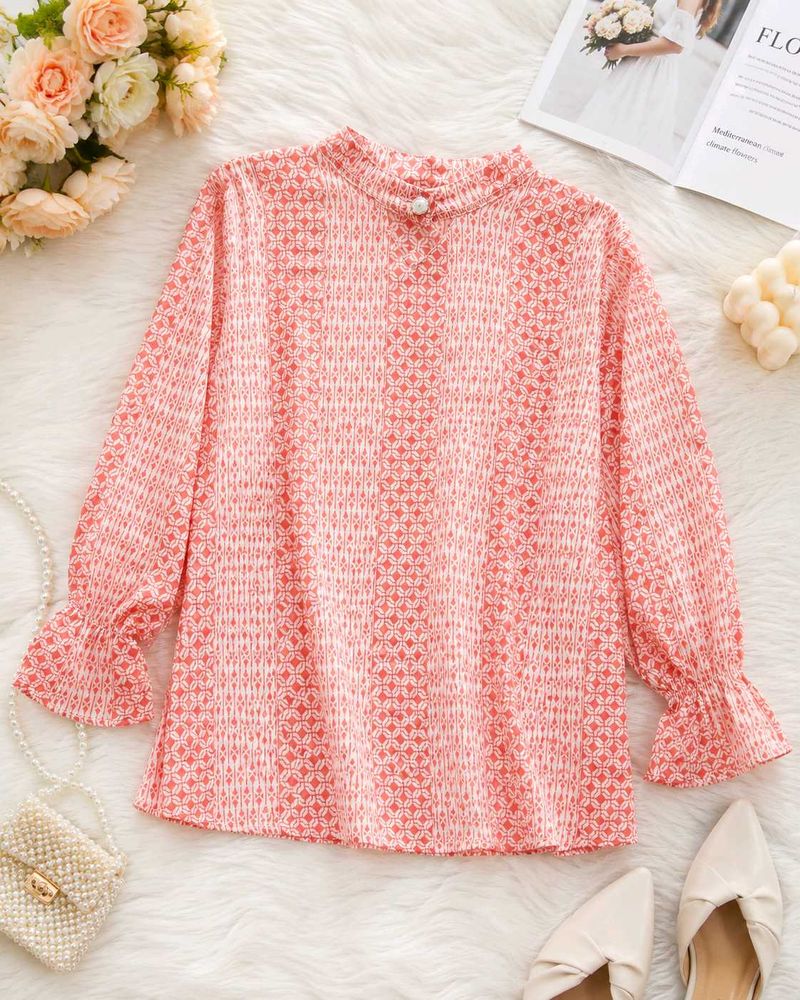 Coral Printed Blouse with Button Detail