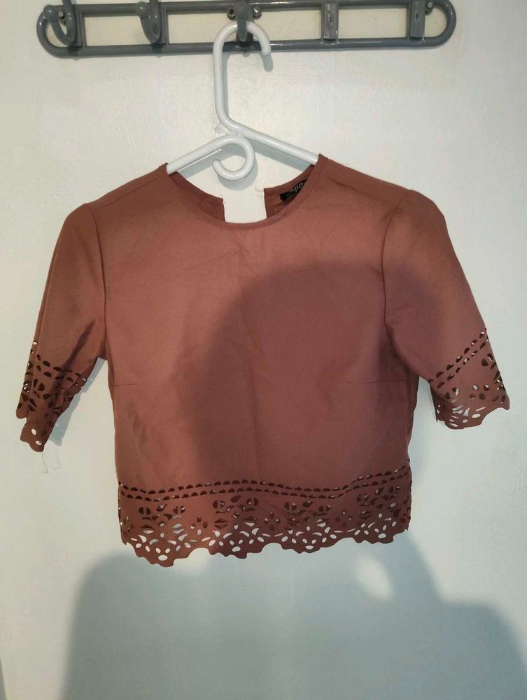 Trendy Brown Laser-Cut Crop Top