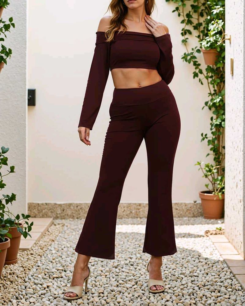 Maroon Off-Shoulder Crop Top Set