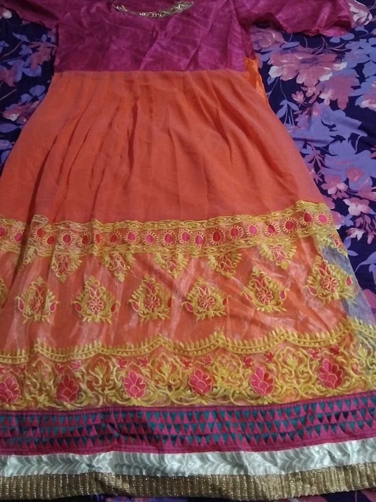 Beautiful Orange &amp; Pink Semi stiched Gown