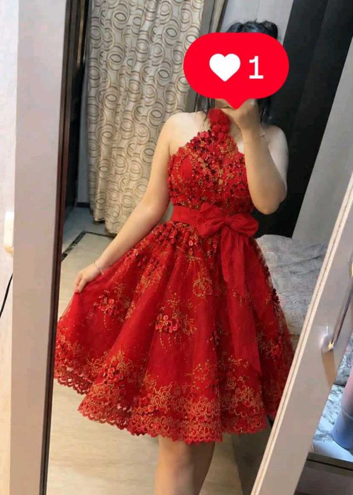 Stunning Red Embellished One-Shoulder Dress