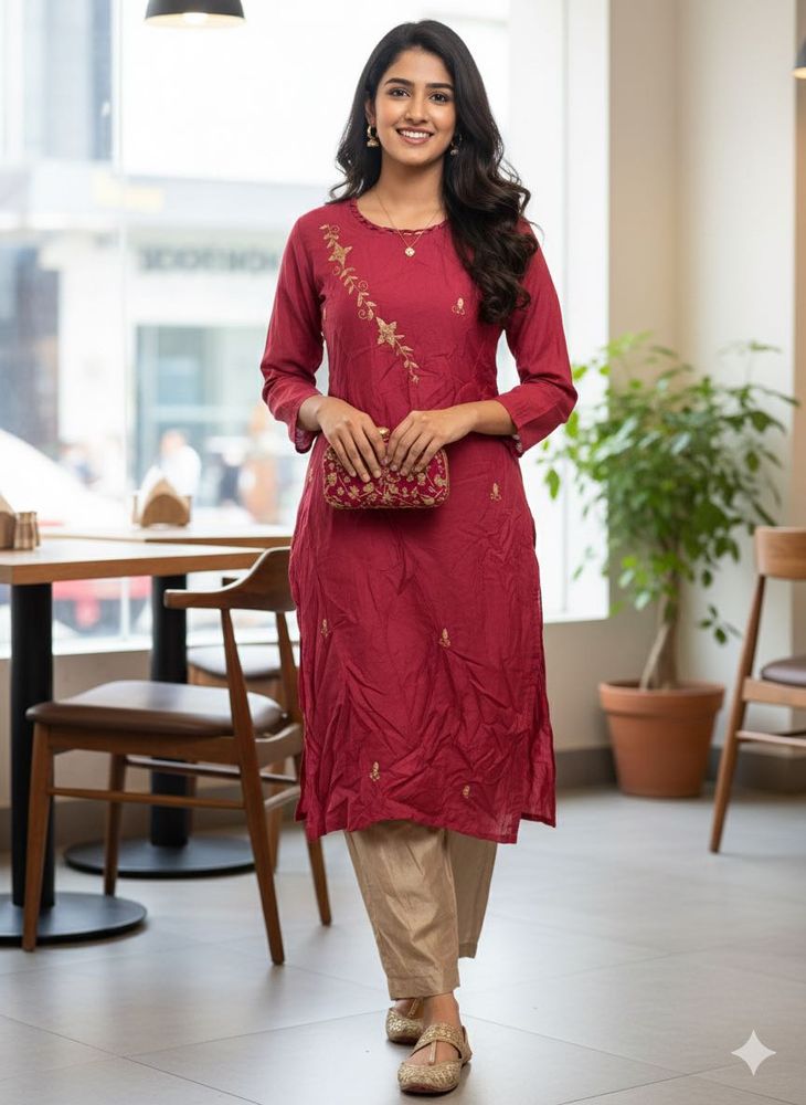 3 piece Maroon Embroidered Kurta