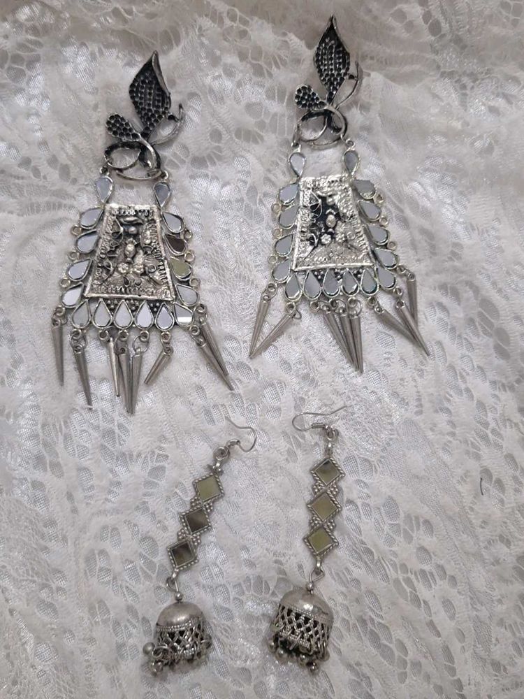 Oxidized Silver Earrings with Mirror Work