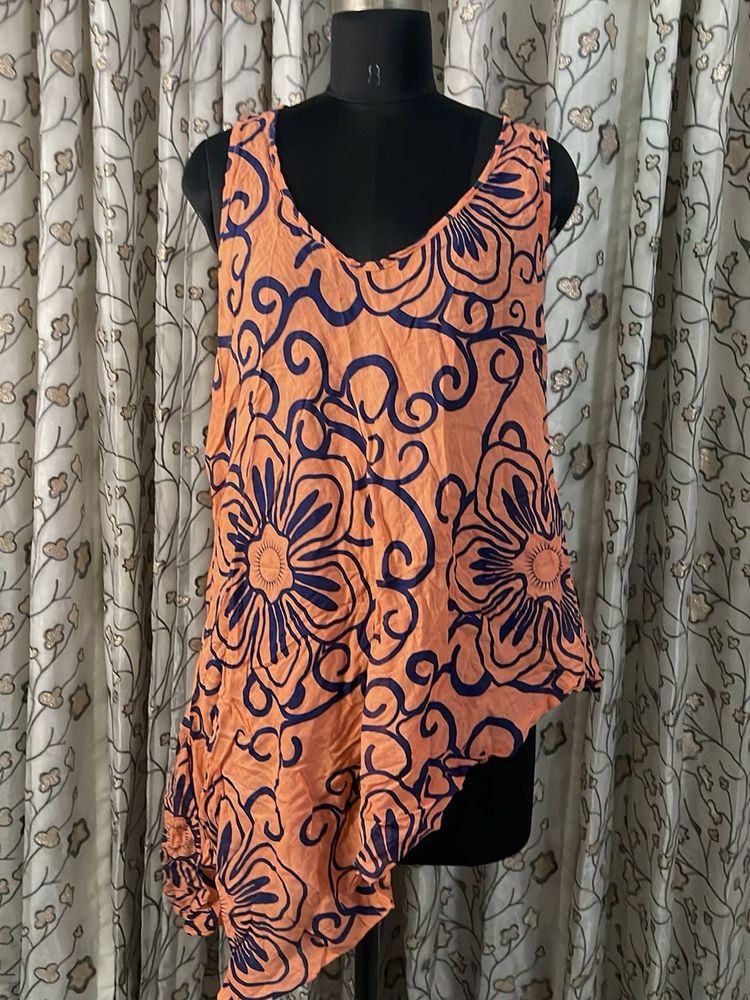 Orange Floral Print Sleeveless Top