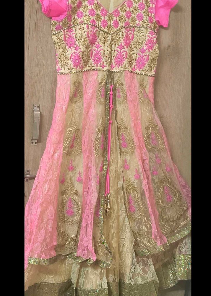 Pink &amp; Cream Floral Net Anarkali