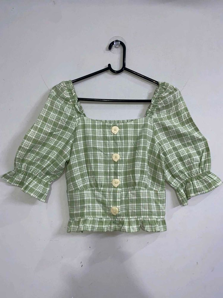 Cute Green Plaid Square Neck Top