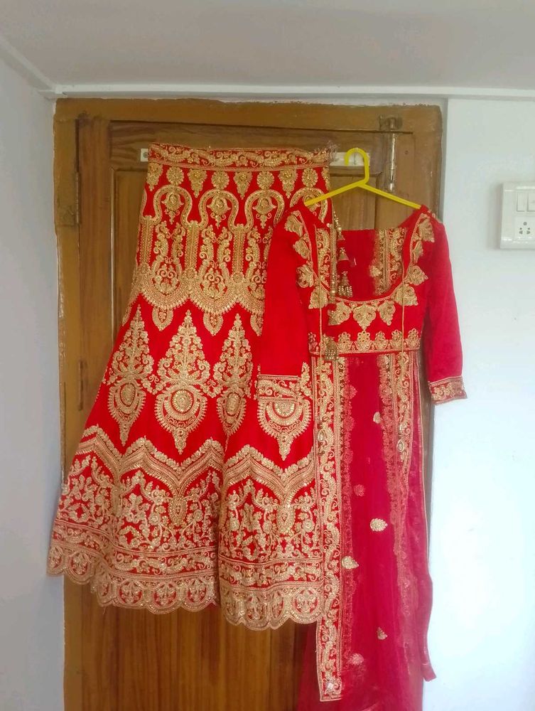 Red &amp; Gold Embroidered Lehenga Choli Set