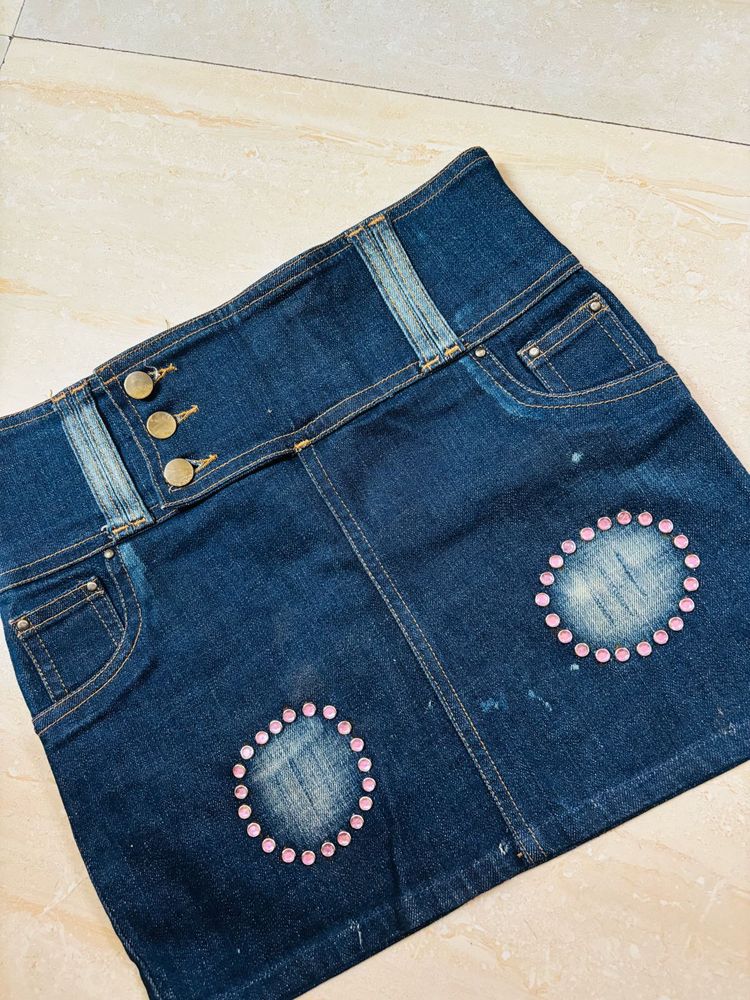 Denim Skirt with Pink Embellishments🎀🌸