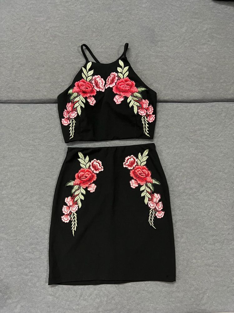Black Flower Patch Crop Top &amp; Skirt Set