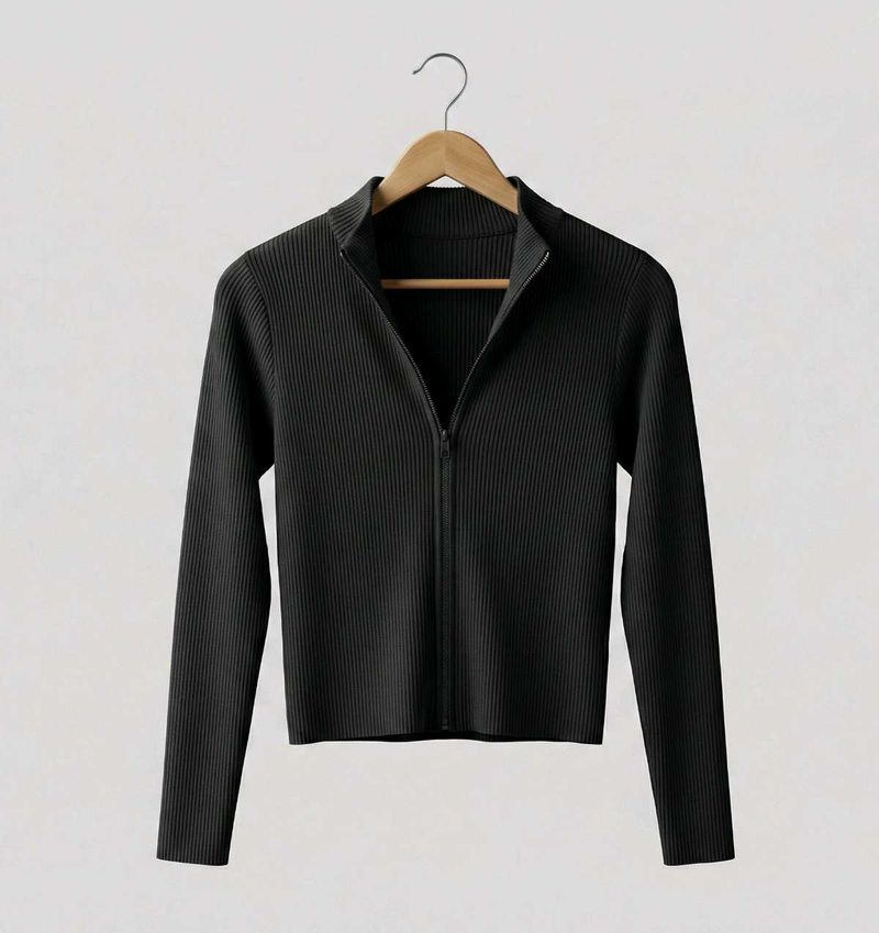 Black Ribbed Top with Collar Zip