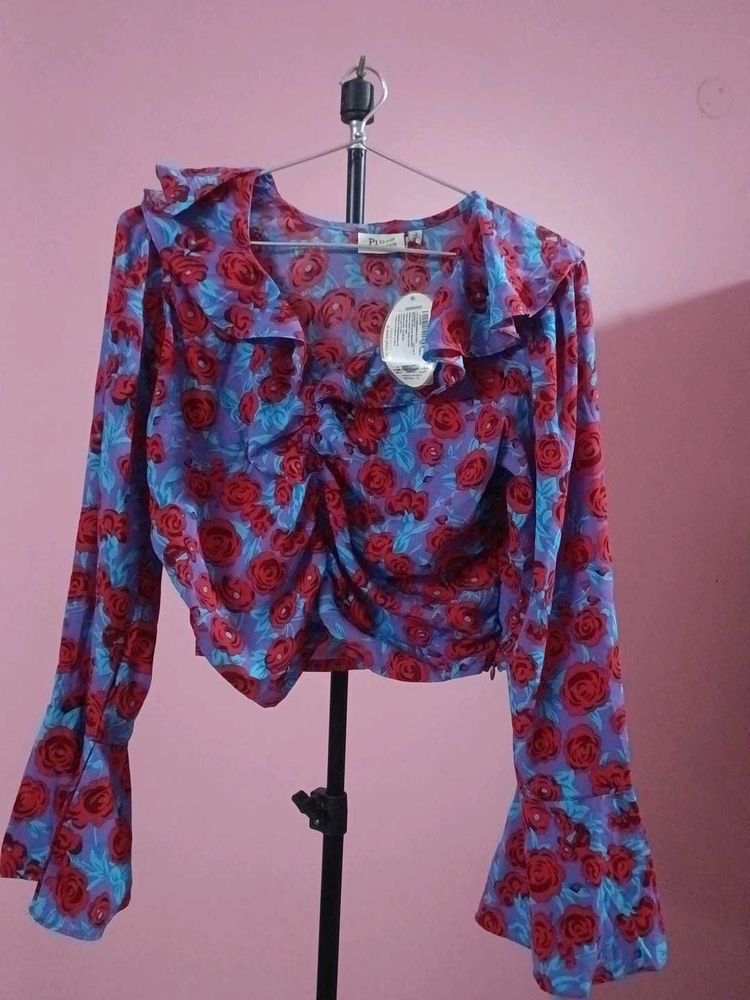 Chic Floral Print Ruched Crop Top