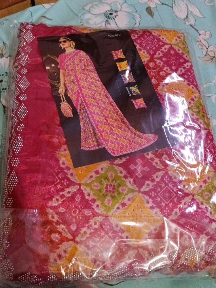 Elegant Pink &amp; Yellow Bandhani Saree