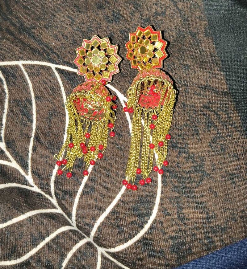 Red and Gold Jhumka Earrings