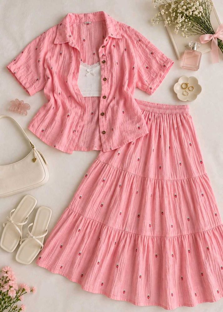Cute Cotton Comfy Pink Shirt &amp; Tiered Skirt Set