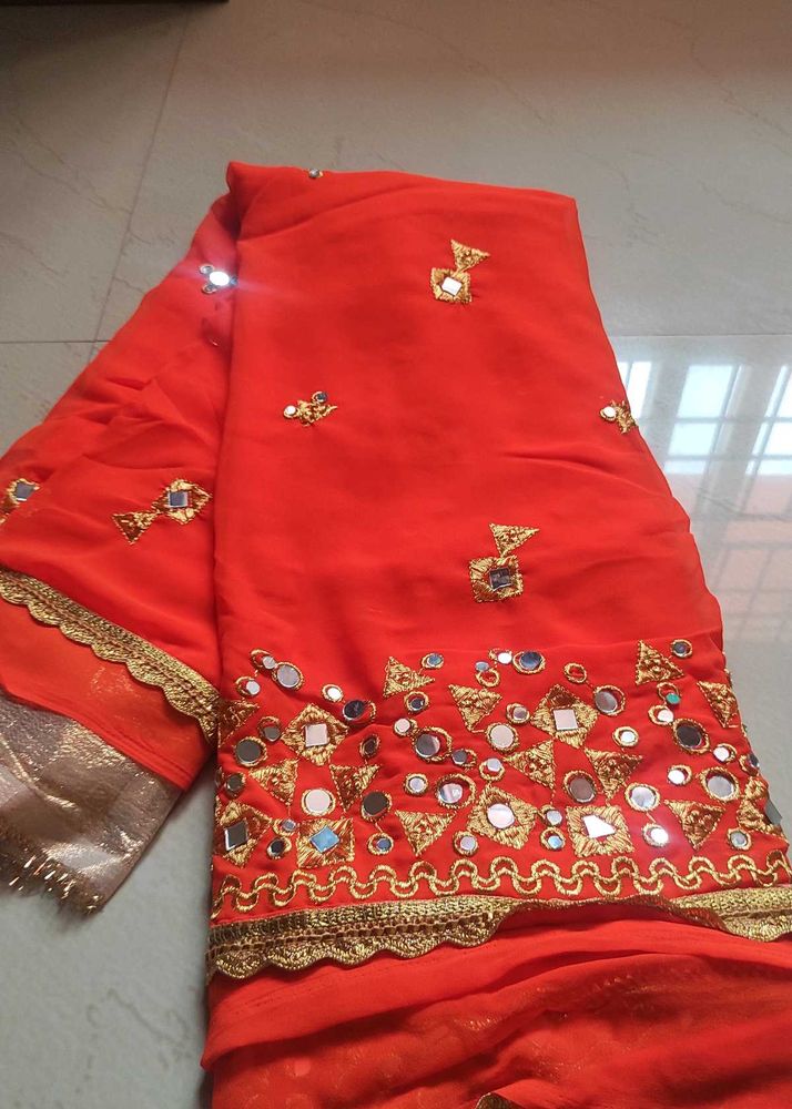 Orange Saree with Mirror Work