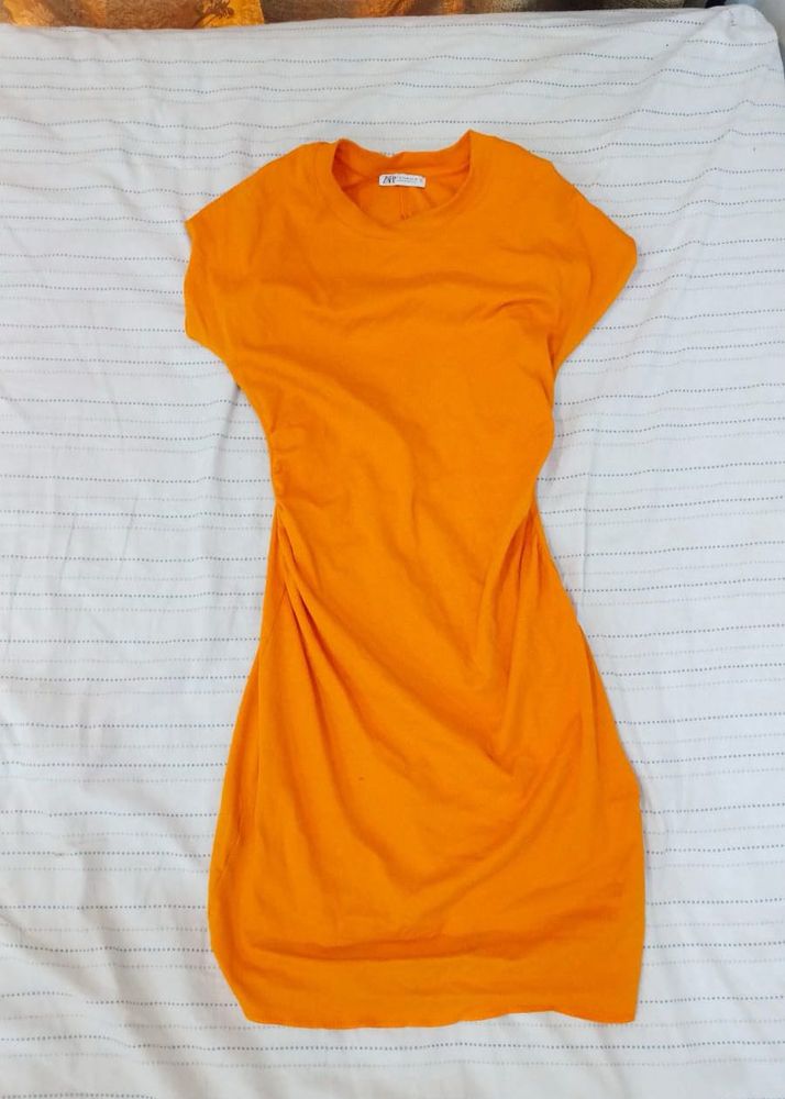 Zara Orange Ruched T-Shirt Dress