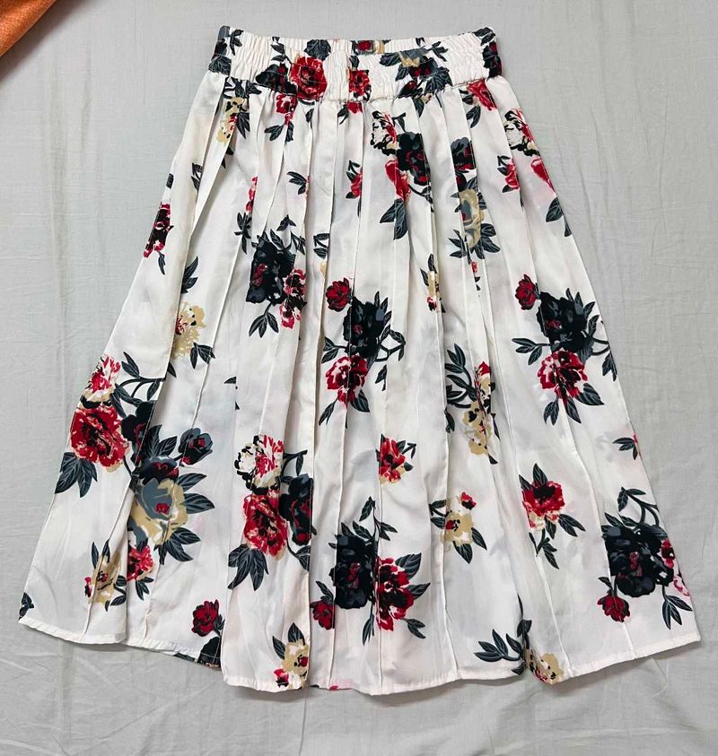 White Floral Pleated Midi Skirt