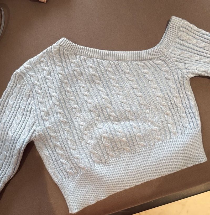 Light Blue Cable Knit Sweater off shoulder