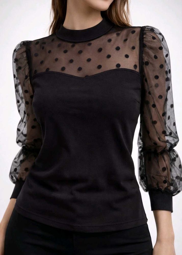 Chic Black Mesh Dot Sleeve Top