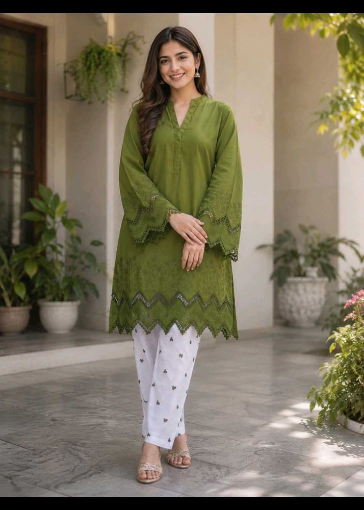 Green Kurta with White Pants Set