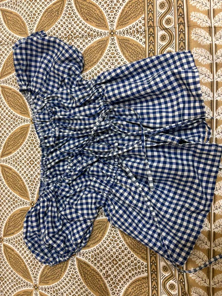 Blue Gingham Ruched Top