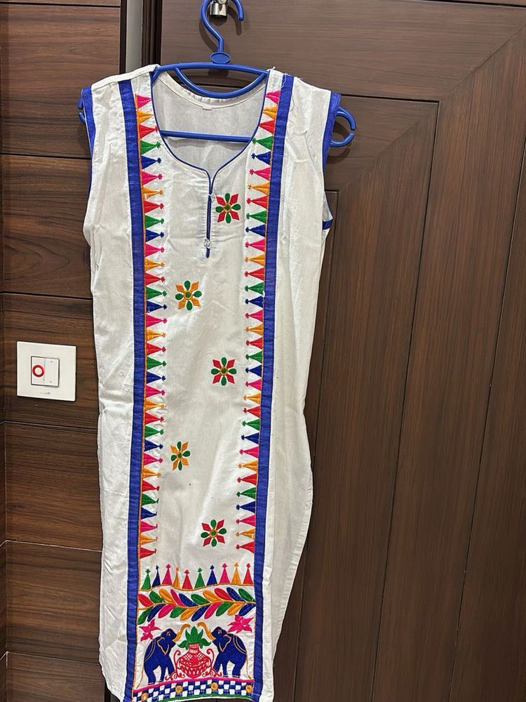 White Kurta with Colorful Embroidery