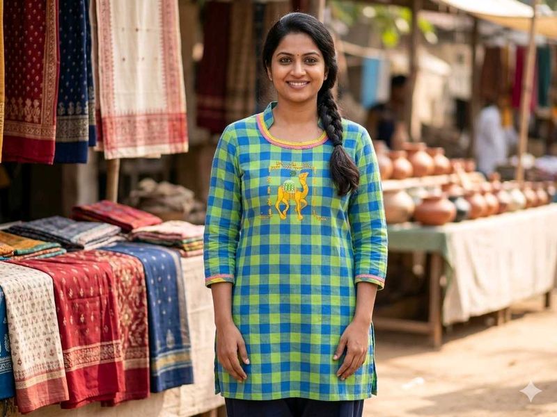 Blue &amp; Green Checkered Kurta with Camel Print